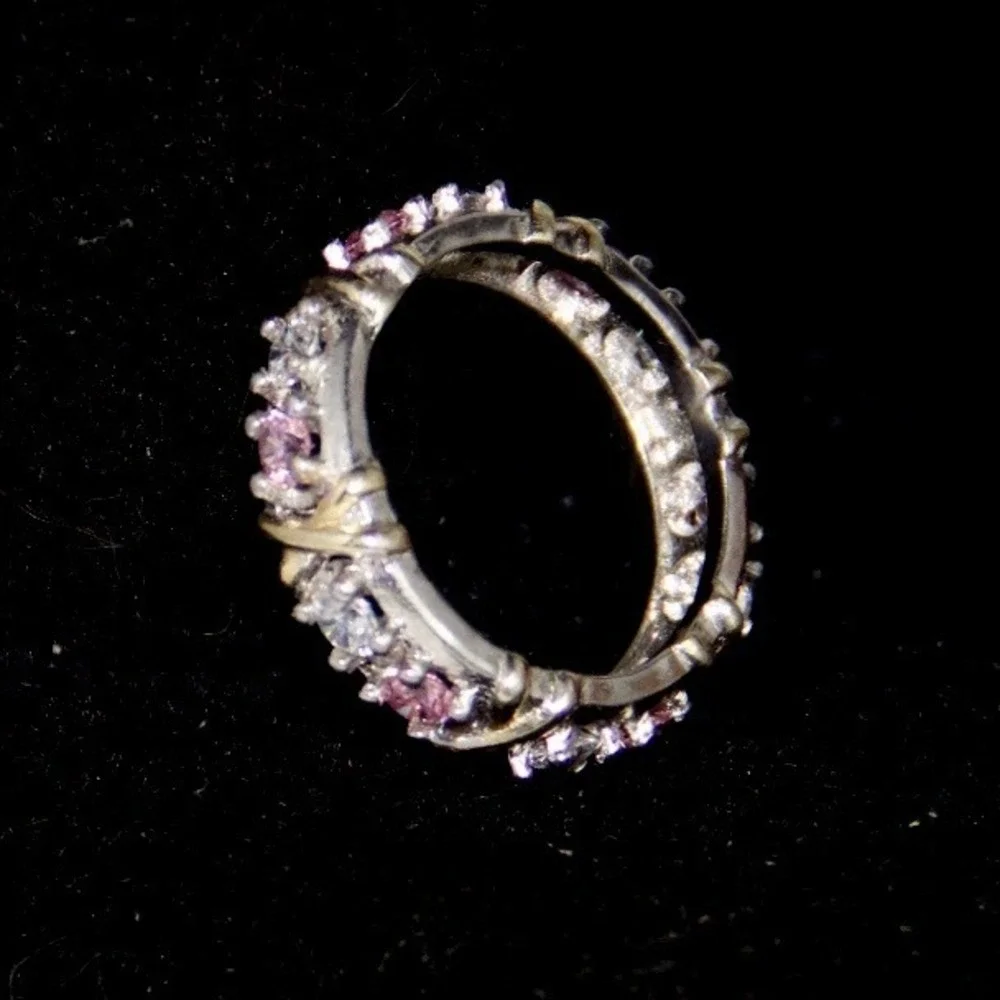 Sterling Silver Pink Clear CZ Eternity Band Ring‎ Size 7 S925 X Kiss Motif